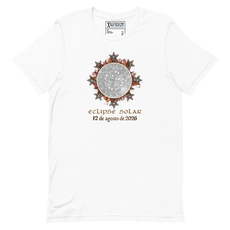 A white short-sleeve crewneck t-shirt by Xigfireon featuring a Celtic Knot graphic of a solar eclipse with the Spanish text &