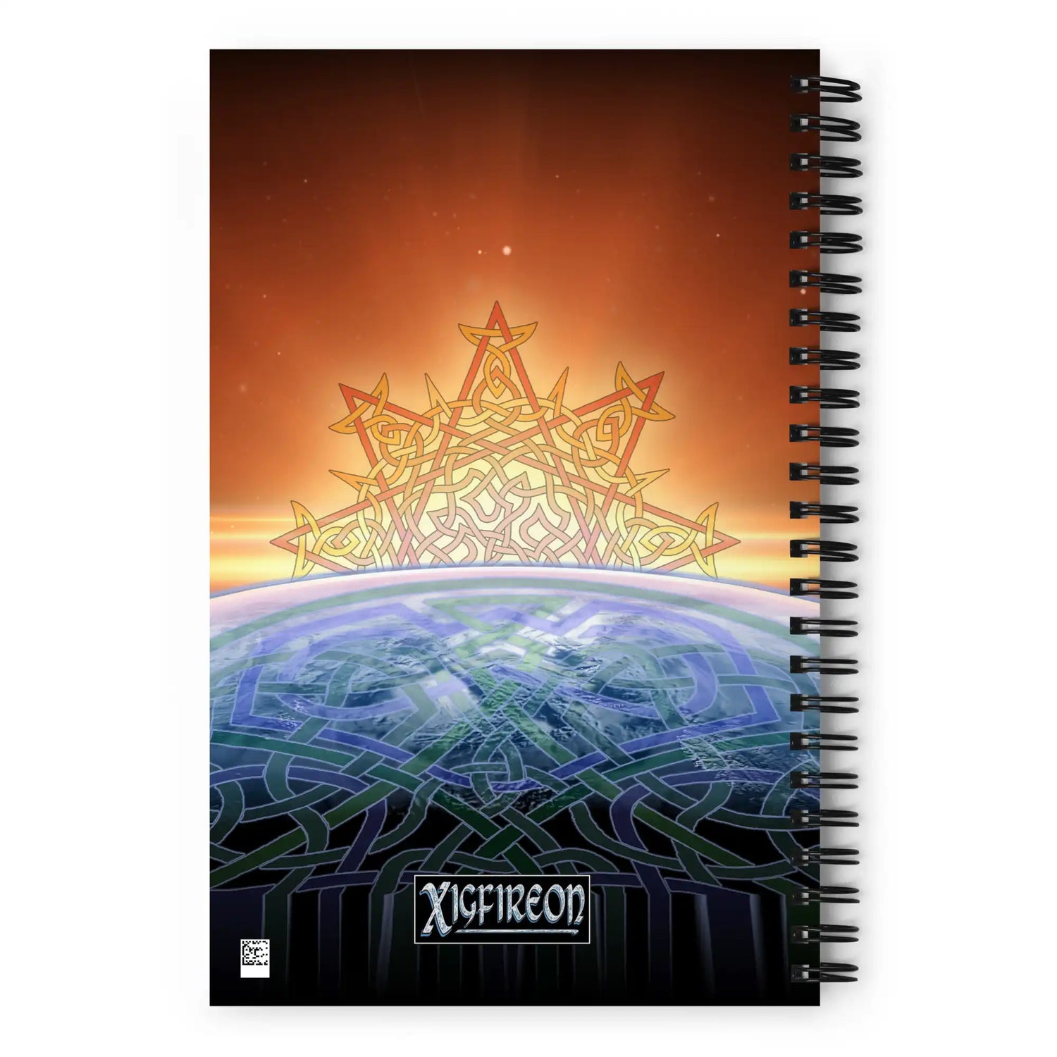 The back side of a Xigfireon graphic spiral notebook featuring the Derivation II Celtic knots merger design.