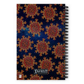 The back side of a Xigfireon graphic spiral notebook featuring the Fire Colour Cosmos patterned series of the Morning Star Fire Celtic knot design.