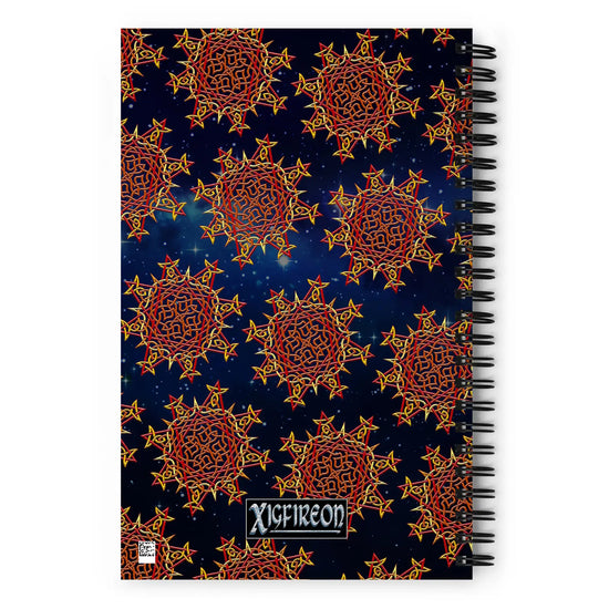 The back side of a Xigfireon graphic spiral notebook featuring the Fire Colour Cosmos patterned series of the Morning Star Fire Celtic knot design.