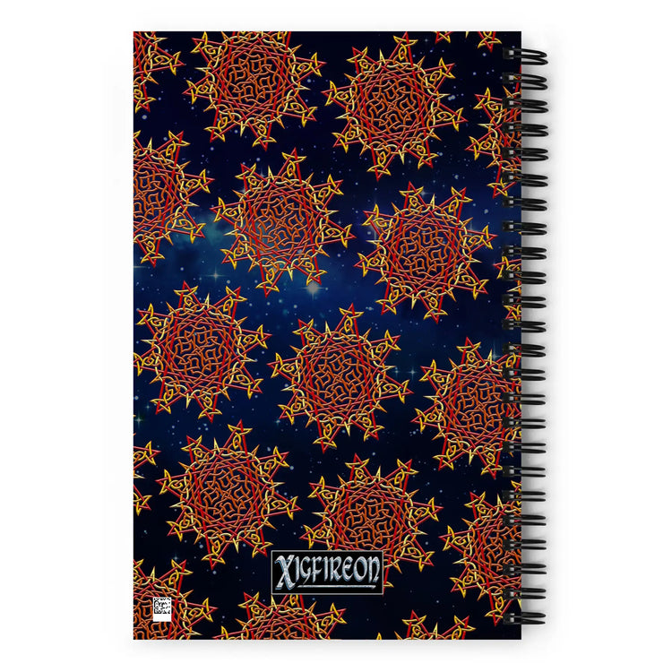 The back side of a Xigfireon graphic spiral notebook featuring the Fire Colour Cosmos patterned series of the Morning Star Fire Celtic knot design.