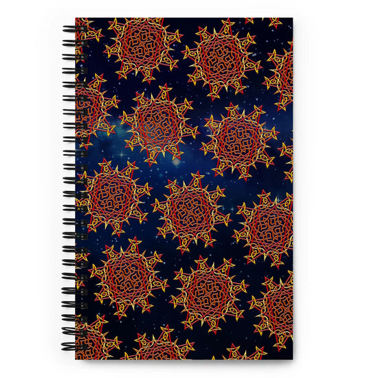 The front side of a Xigfireon graphic spiral notebook featuring the Fire Colour Cosmos patterned series of the Morning Star Fire Celtic knot design.