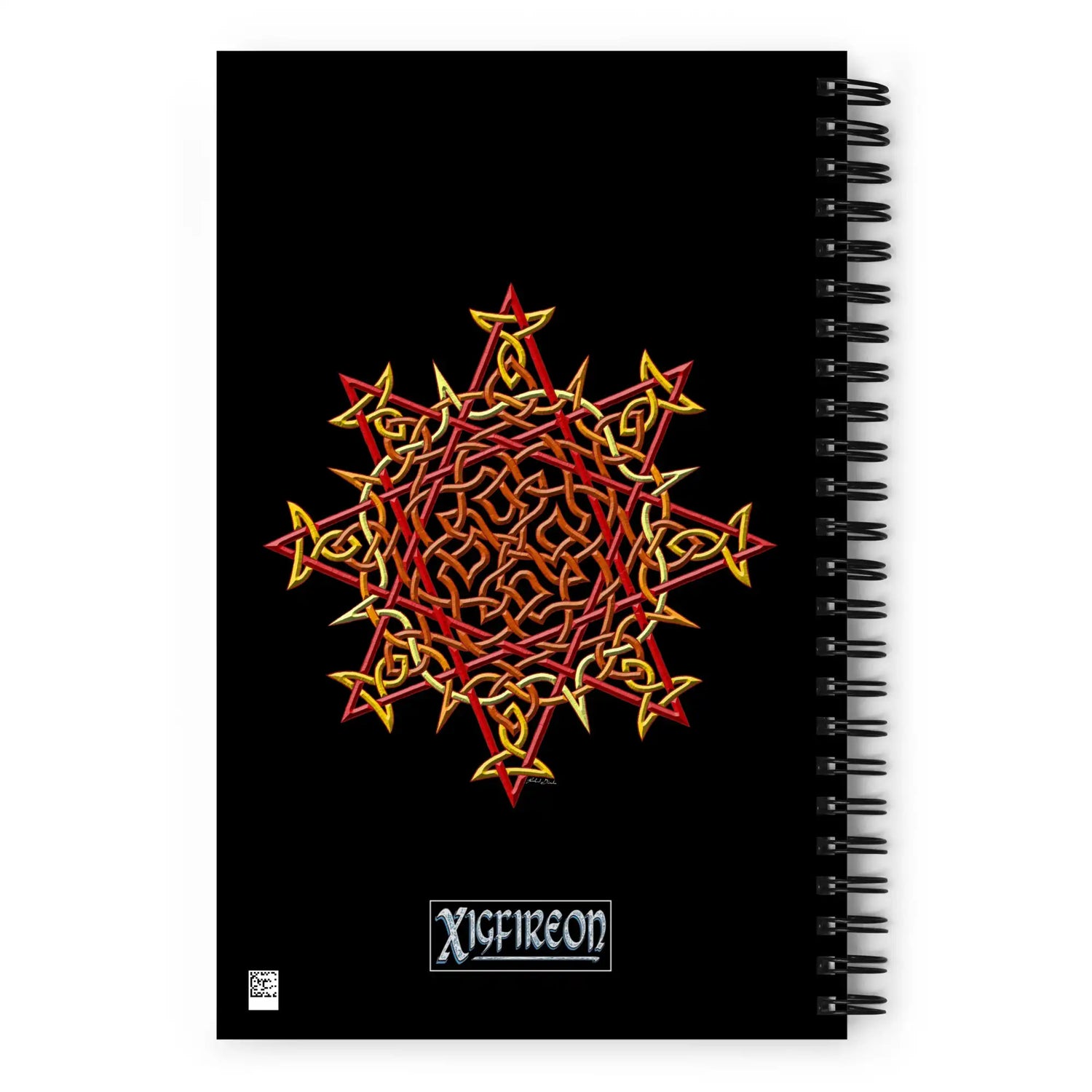 The back side of a Xigfireon spiral notebook featuring the Fire Colour iteration of the Morning Star Fire Celtic knot design.