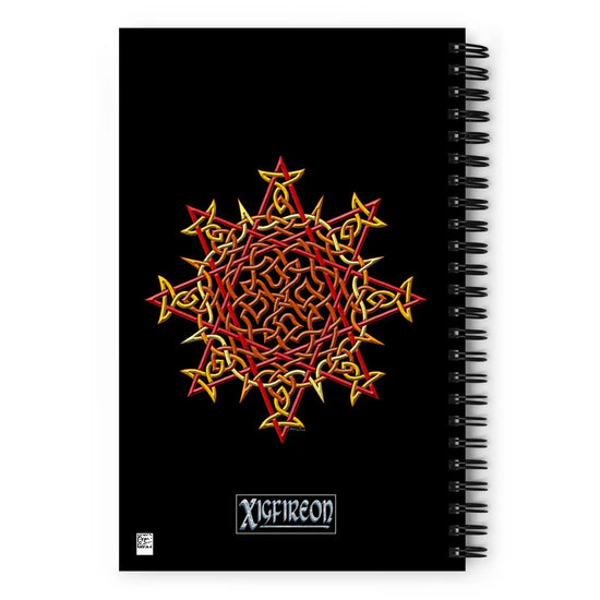 The back side of a Xigfireon spiral notebook featuring the Fire Colour iteration of the Morning Star Fire Celtic knot design.