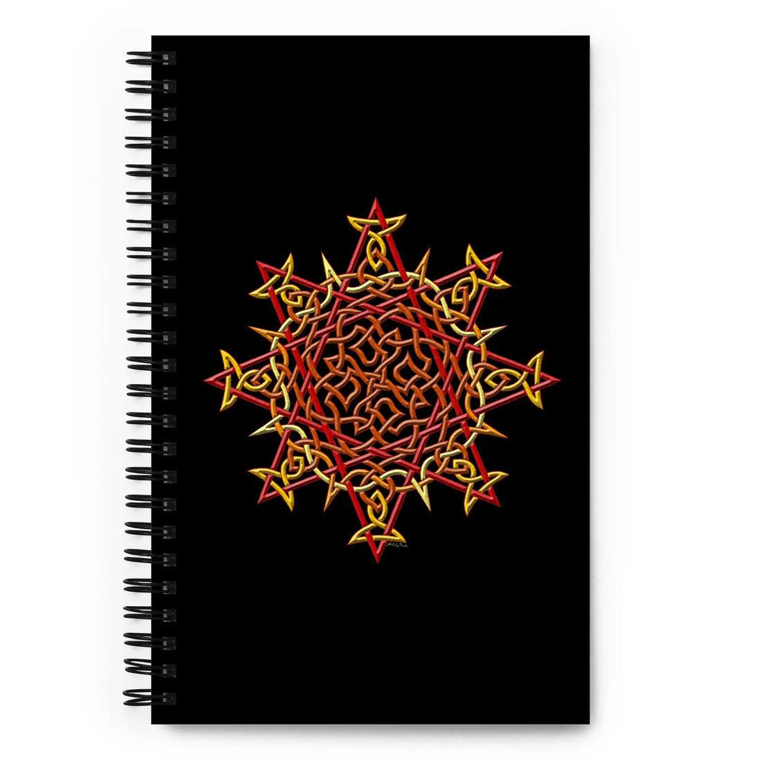 The front side of a Xigfireon spiral notebook featuring the Fire Colour iteration of the Morning Star Fire Celtic knot design.