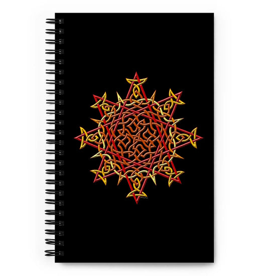 The front side of a Xigfireon spiral notebook featuring the Fire Colour iteration of the Morning Star Fire Celtic knot design.