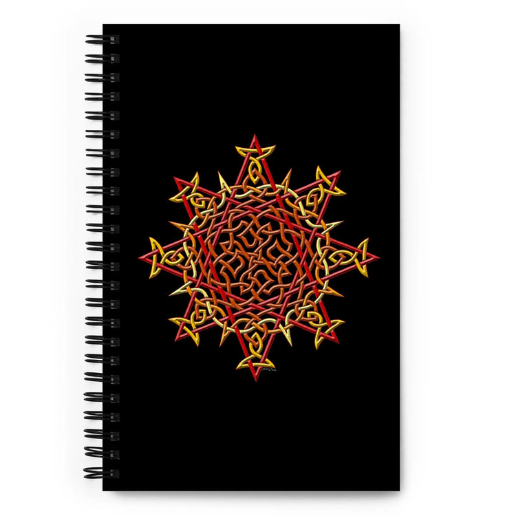 The front side of a Xigfireon spiral notebook featuring the Fire Colour iteration of the Morning Star Fire Celtic knot design.