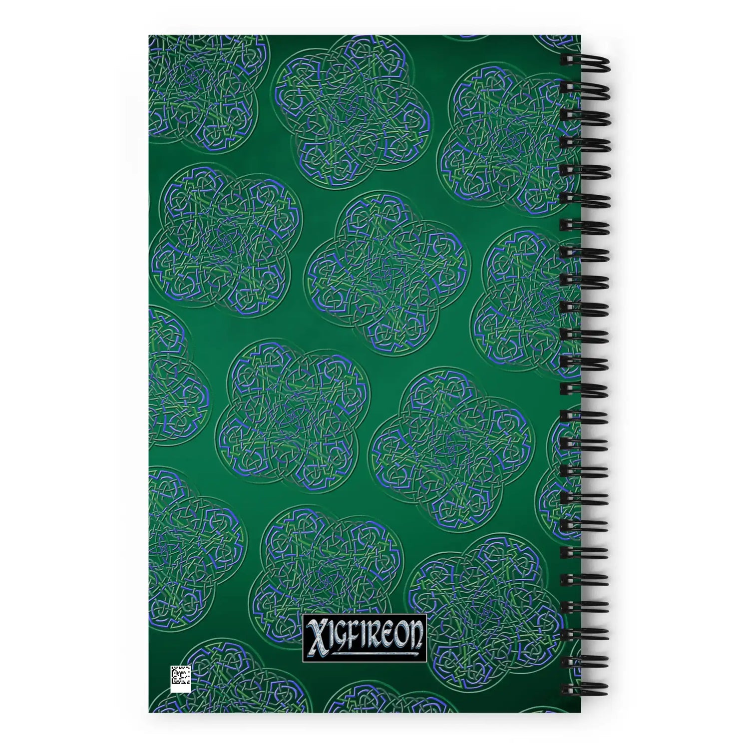 The back side of a Xigfireon graphic spiral notebook featuring the Living Colour Forest patterned series of the Reach Of The Spirit Celtic knot design.