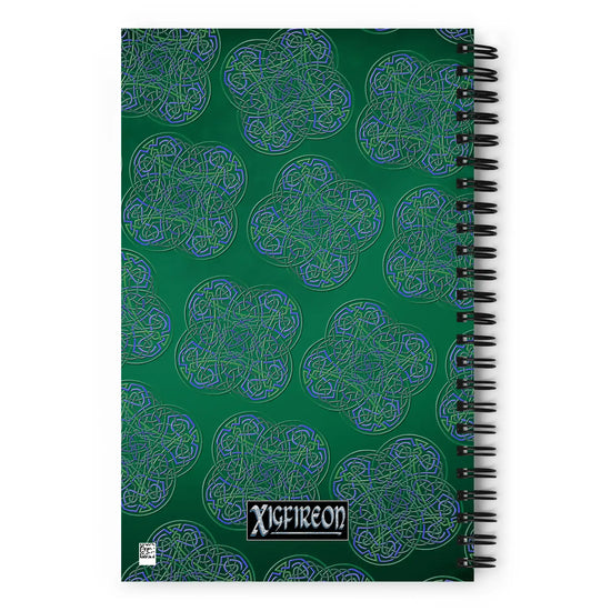 The back side of a Xigfireon graphic spiral notebook featuring the Living Colour Forest patterned series of the Reach Of The Spirit Celtic knot design.