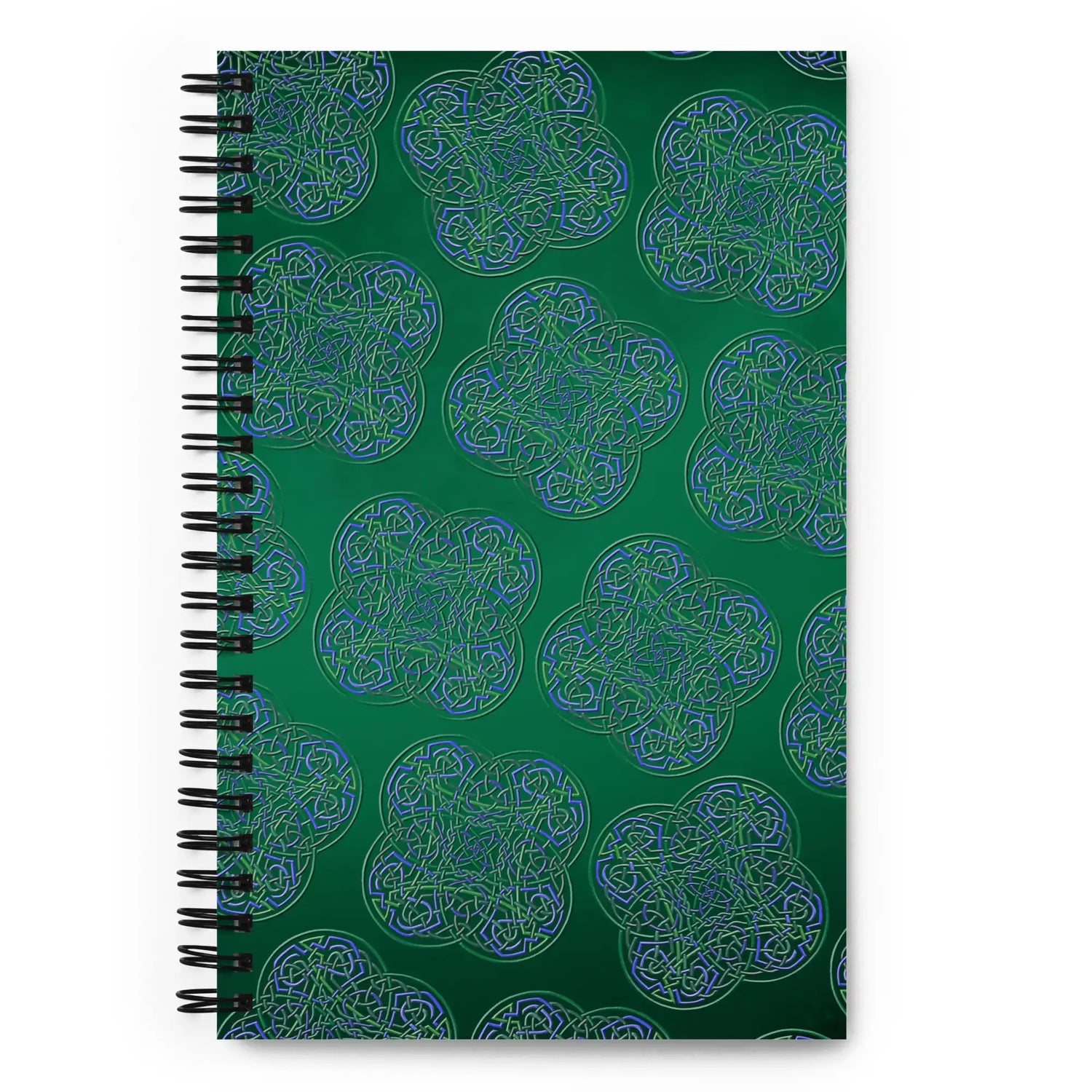 The front side of a Xigfireon graphic spiral notebook featuring the Living Colour Forest patterned series of the Reach Of The Spirit Celtic knot design.