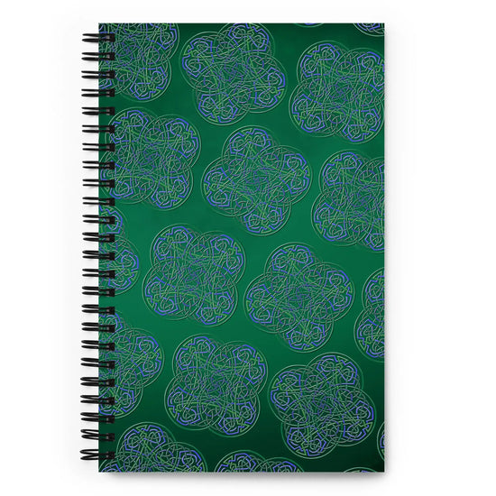 The front side of a Xigfireon graphic spiral notebook featuring the Living Colour Forest patterned series of the Reach Of The Spirit Celtic knot design.
