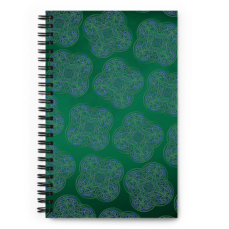 The front side of a Xigfireon graphic spiral notebook featuring the Living Colour Forest patterned series of the Reach Of The Spirit Celtic knot design.