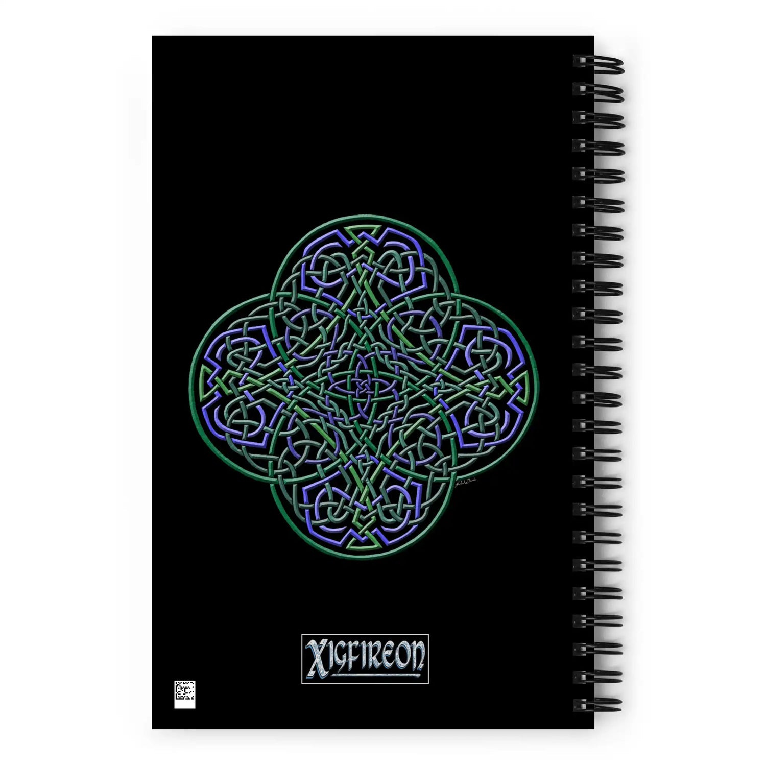 The back side of a Xigfireon spiral notebook featuring the Living Colour iteration of the Reach Of The Spirit Celtic knot design.