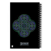 The back side of a Xigfireon spiral notebook featuring the Living Colour iteration of the Reach Of The Spirit Celtic knot design.