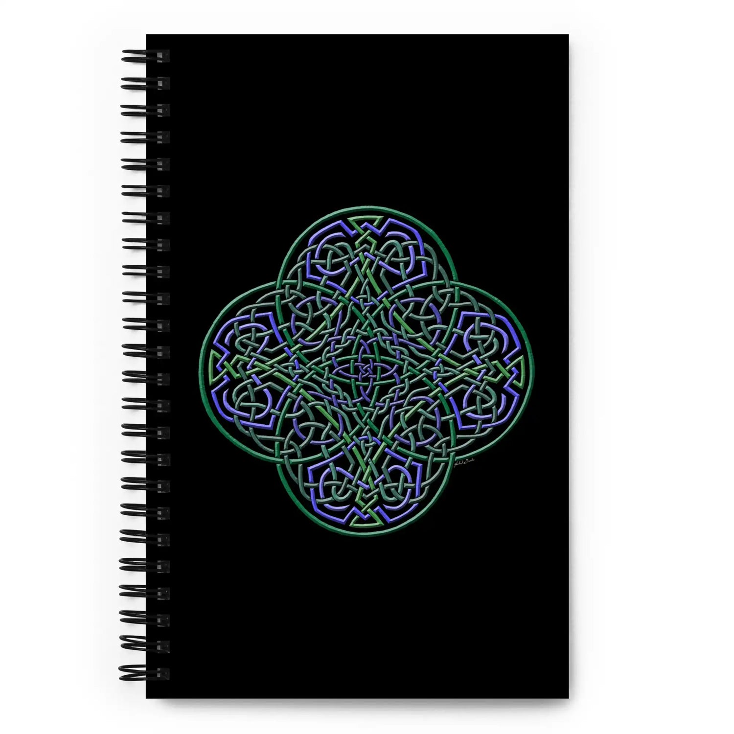 The front side of a Xigfireon spiral notebook featuring the Living Colour iteration of the Reach Of The Spirit Celtic knot design.