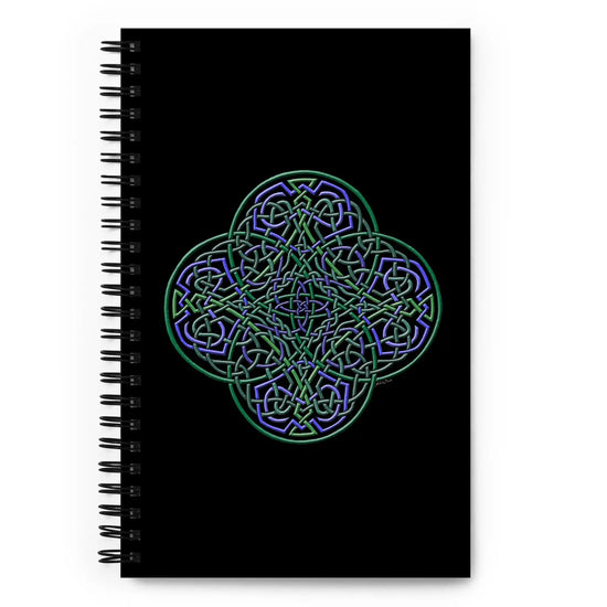 The front side of a Xigfireon spiral notebook featuring the Living Colour iteration of the Reach Of The Spirit Celtic knot design.