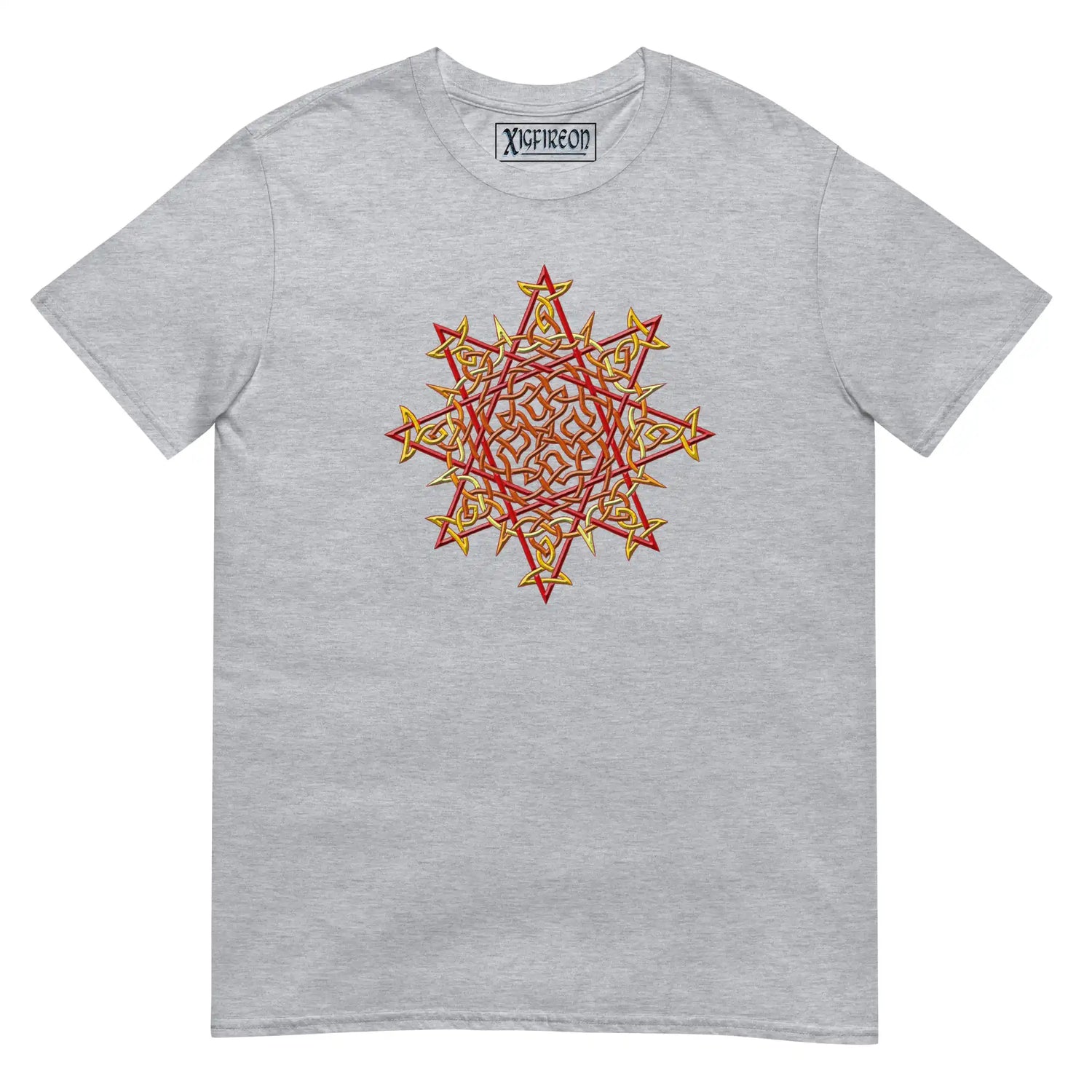 A sport grey Xigfireon graphic t-shirt featuring the Fire Colour iteration of the Morning Star Fire Celtic knot design. The Morning Star Fire Celtic knot symbolizes the Sun.
