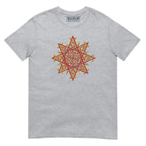 A sport grey Xigfireon graphic t-shirt featuring the Fire Colour iteration of the Morning Star Fire Celtic knot design. The Morning Star Fire Celtic knot symbolizes the Sun.
