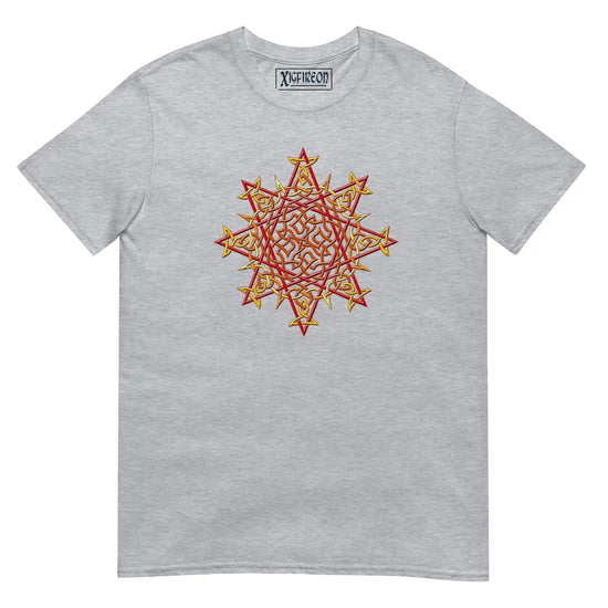 A sport grey Xigfireon graphic t-shirt featuring the Fire Colour iteration of the Morning Star Fire Celtic knot design. The Morning Star Fire Celtic knot symbolizes the Sun.