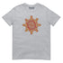 A sport grey Xigfireon graphic t-shirt featuring the Fire Colour iteration of the Morning Star Fire Celtic knot design. The Morning Star Fire Celtic knot symbolizes the Sun.