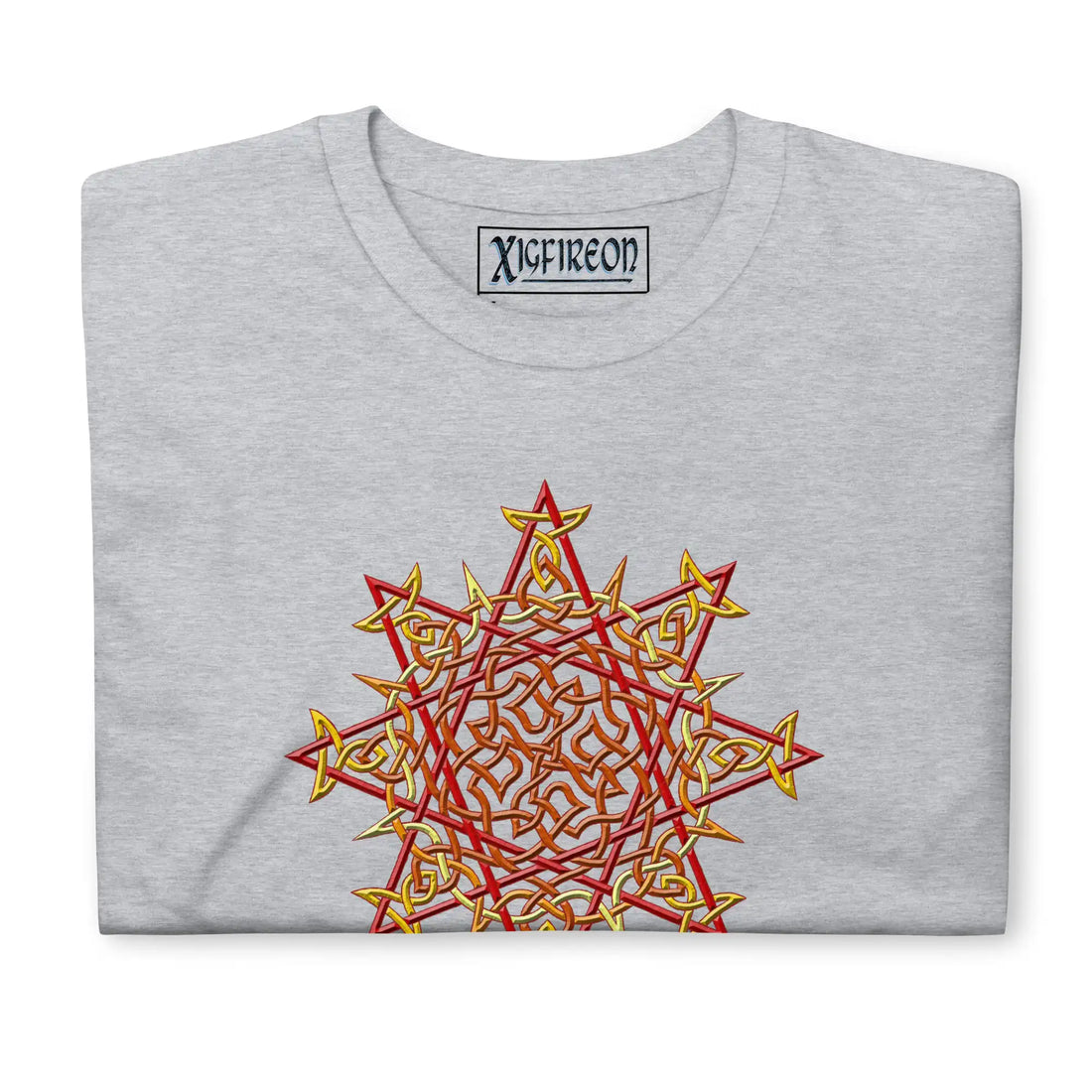 A sport grey Xigfireon graphic t-shirt featuring the Fire Colour iteration of the Morning Star Fire Celtic knot design. The Morning Star Fire Celtic knot symbolizes the Sun.