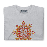 A sport grey Xigfireon graphic t-shirt featuring the Fire Colour iteration of the Morning Star Fire Celtic knot design. The Morning Star Fire Celtic knot symbolizes the Sun.