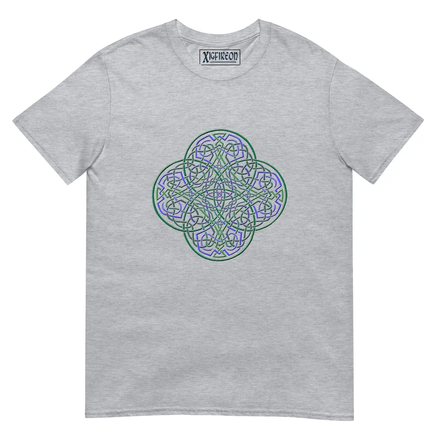 A sport grey Xigfireon graphic t-shirt featuring the Living Colour iteration of the Reach Of The Spirit Celtic knot design. The Reach Of The Spirit Celtic knot symbolizes the Earth.