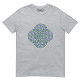 A sport grey Xigfireon graphic t-shirt featuring the Living Colour iteration of the Reach Of The Spirit Celtic knot design. The Reach Of The Spirit Celtic knot symbolizes the Earth.