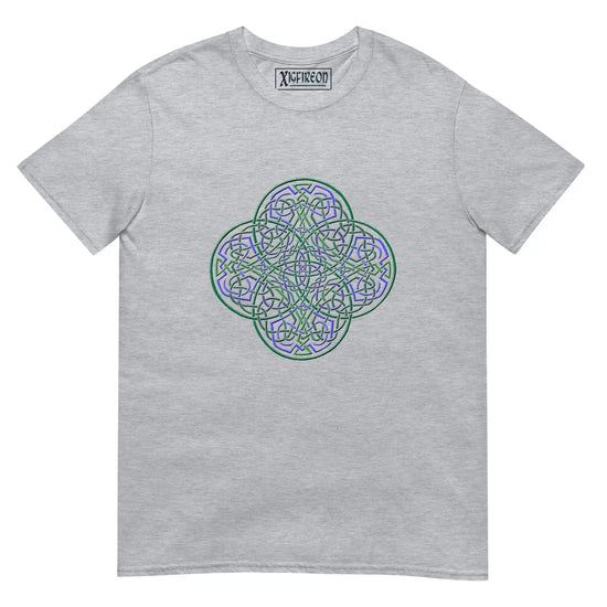 A sport grey Xigfireon graphic t-shirt featuring the Living Colour iteration of the Reach Of The Spirit Celtic knot design. The Reach Of The Spirit Celtic knot symbolizes the Earth.