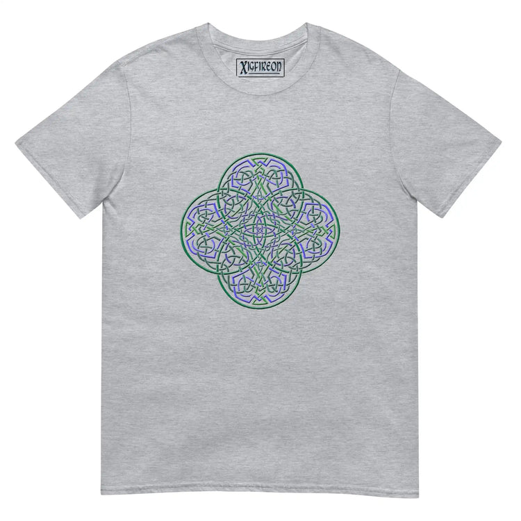 A sport grey Xigfireon graphic t-shirt featuring the Living Colour iteration of the Reach Of The Spirit Celtic knot design. The Reach Of The Spirit Celtic knot symbolizes the Earth.