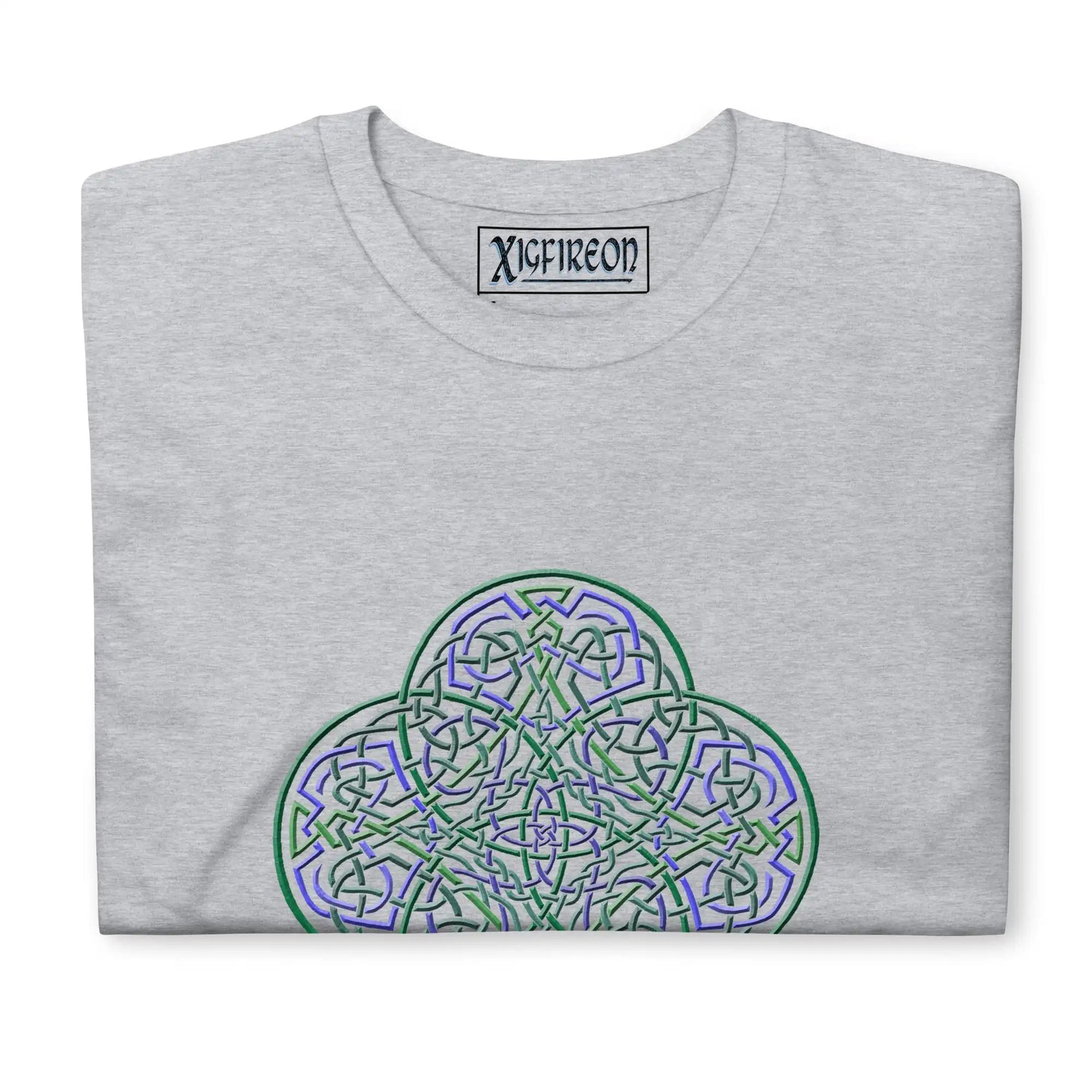 A folded sport grey Xigfireon graphic t-shirt featuring the Living Colour iteration of the Reach Of The Spirit Celtic knot design. The Reach Of The Spirit Celtic knot symbolizes the Earth.