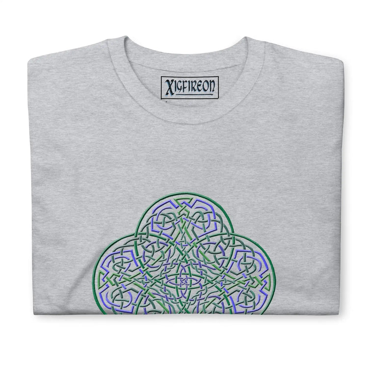 A folded sport grey Xigfireon graphic t-shirt featuring the Living Colour iteration of the Reach Of The Spirit Celtic knot design. The Reach Of The Spirit Celtic knot symbolizes the Earth.