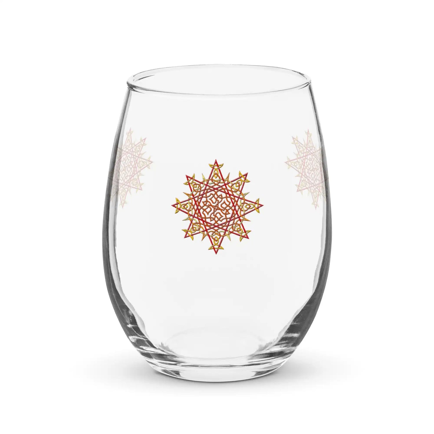 The front side of a stemless wine glass featuring the Fire Colour iteration of the Morning Star Fire Celtic knot design.