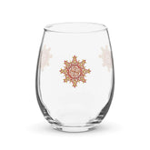 The front side of a stemless wine glass featuring the Fire Colour iteration of the Morning Star Fire Celtic knot design.