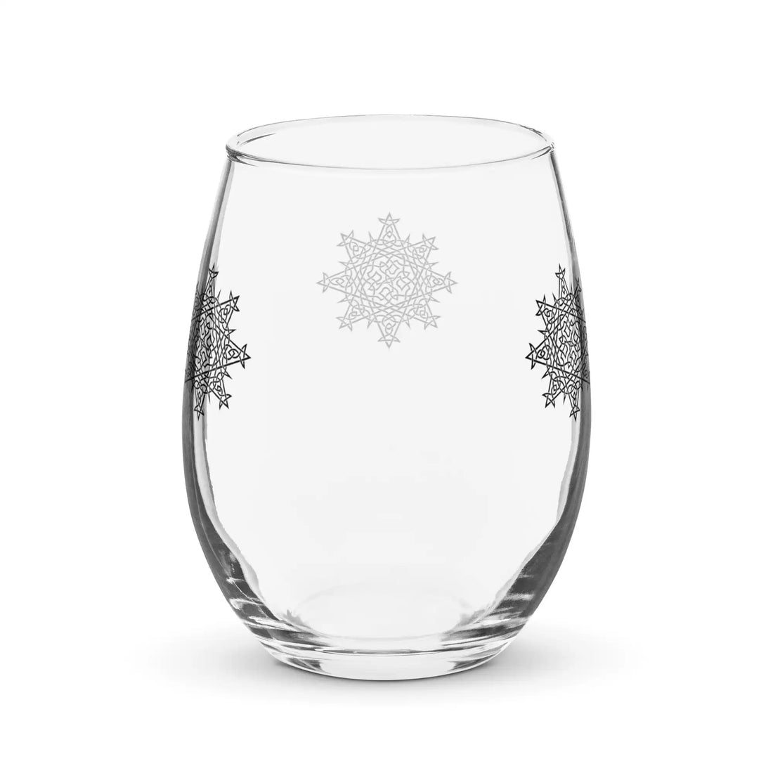 The back side of a stemless wine glass featuring the Solid Black iteration of the Morning Star Fire Celtic knot design. The Morning Star Fire Celtic knot represents Father Sun.