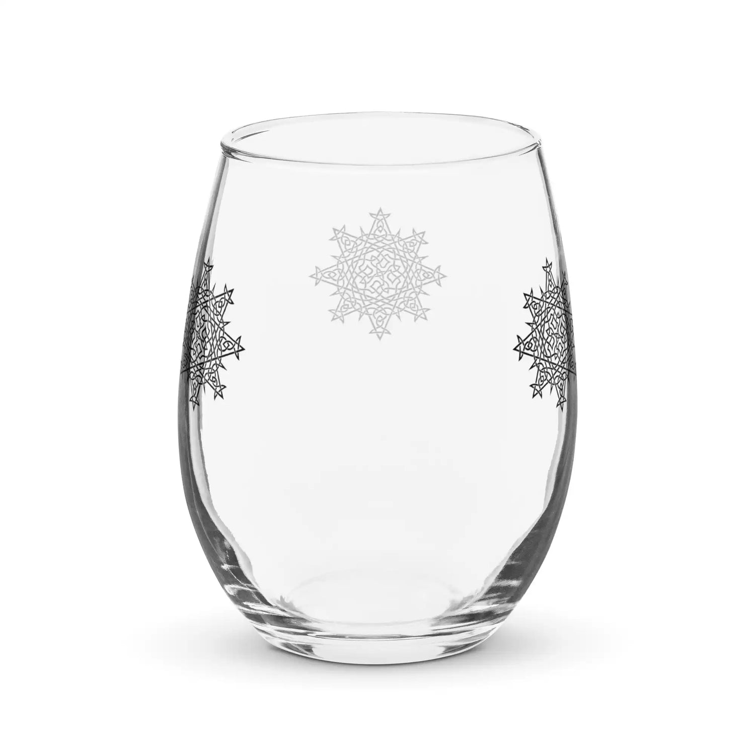 The back side of a stemless wine glass featuring the Solid Black iteration of the Morning Star Fire Celtic knot design. The Morning Star Fire Celtic knot represents Father Sun.