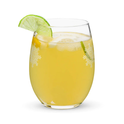 The back side of a stemless wine glass, filled with a refreshing cocktail, featuring the Solid White iteration of the Morning Star Fire Celtic knot design. The Morning Star Fire Celtic knot symbolizes the Sun.