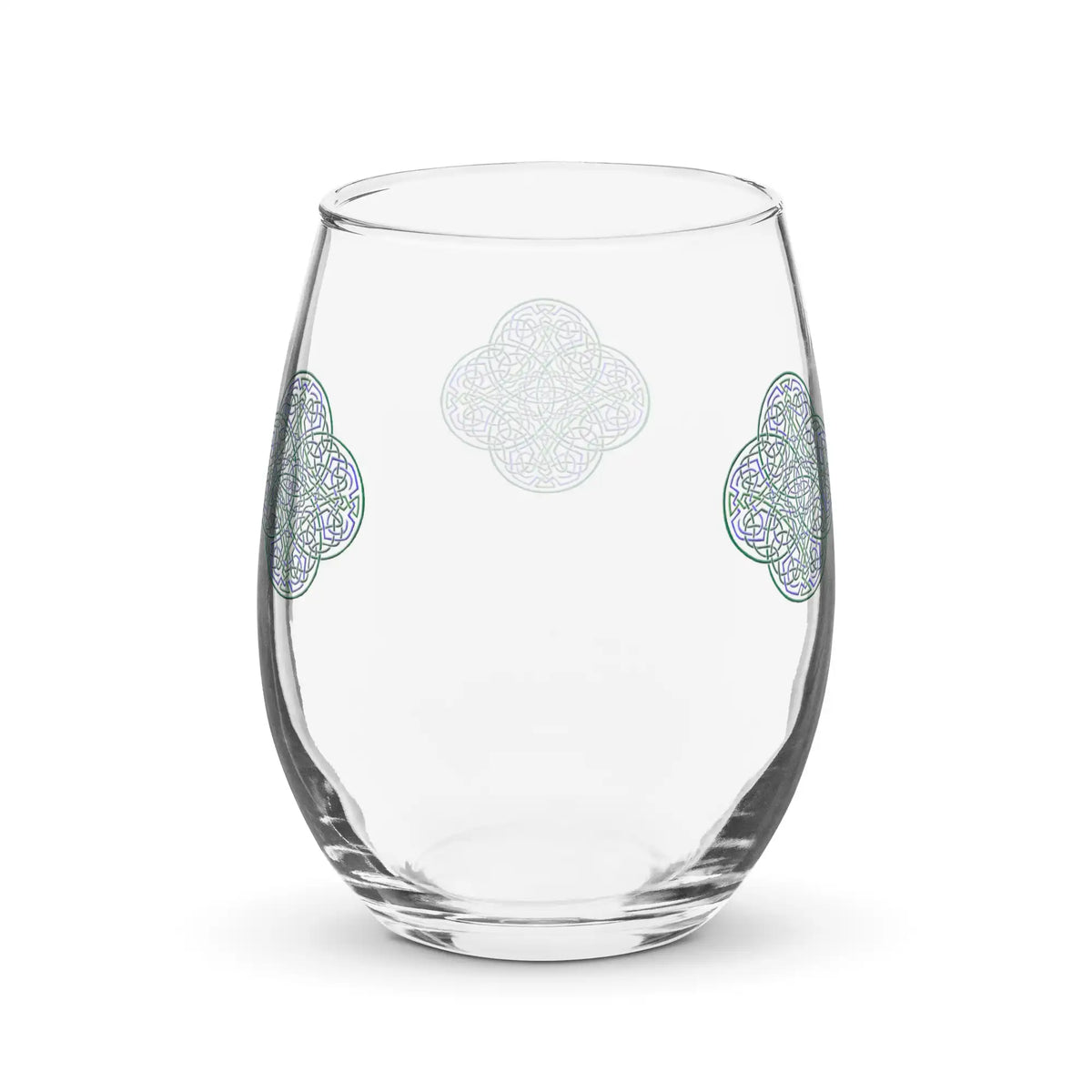 The back side of a stemless wine glass featuring the Living Colour iteration of the Reach Of The Spirit Celtic knot design.