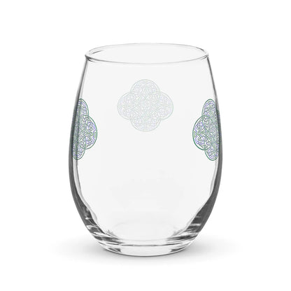 The back side of a stemless wine glass featuring the Living Colour iteration of the Reach Of The Spirit Celtic knot design.
