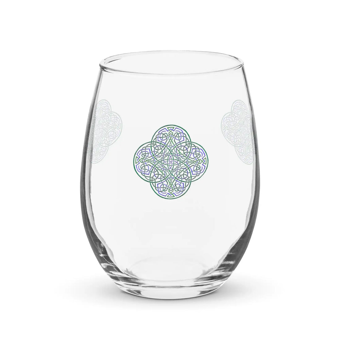 The front side of a stemless wine glass featuring the Living Colour iteration of the Reach Of The Spirit Celtic knot design.