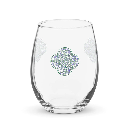 The front side of a stemless wine glass featuring the Living Colour iteration of the Reach Of The Spirit Celtic knot design.
