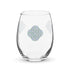 The front side of a stemless wine glass featuring the Living Colour iteration of the Reach Of The Spirit Celtic knot design.