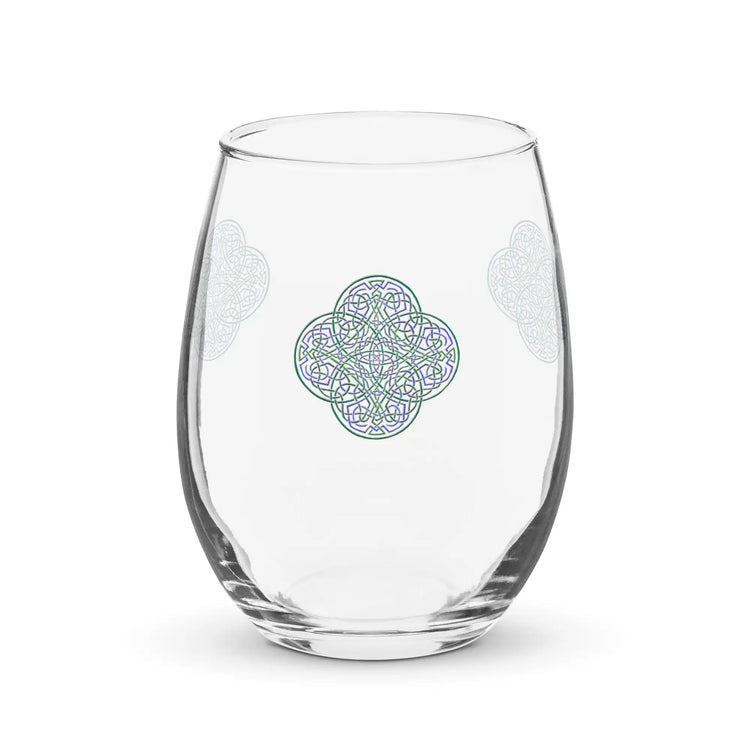 The front side of a stemless wine glass featuring the Living Colour iteration of the Reach Of The Spirit Celtic knot design.