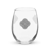 The front side of a stemless wine glass featuring the Solid Black iteration of the Reach Of The Spirit Celtic knot design. The Reach Of The Spirit Celtic knot is an Earth symbol.