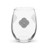 The front side of a stemless wine glass featuring the Solid Black iteration of the Reach Of The Spirit Celtic knot design. The Reach Of The Spirit Celtic knot is an Earth symbol.