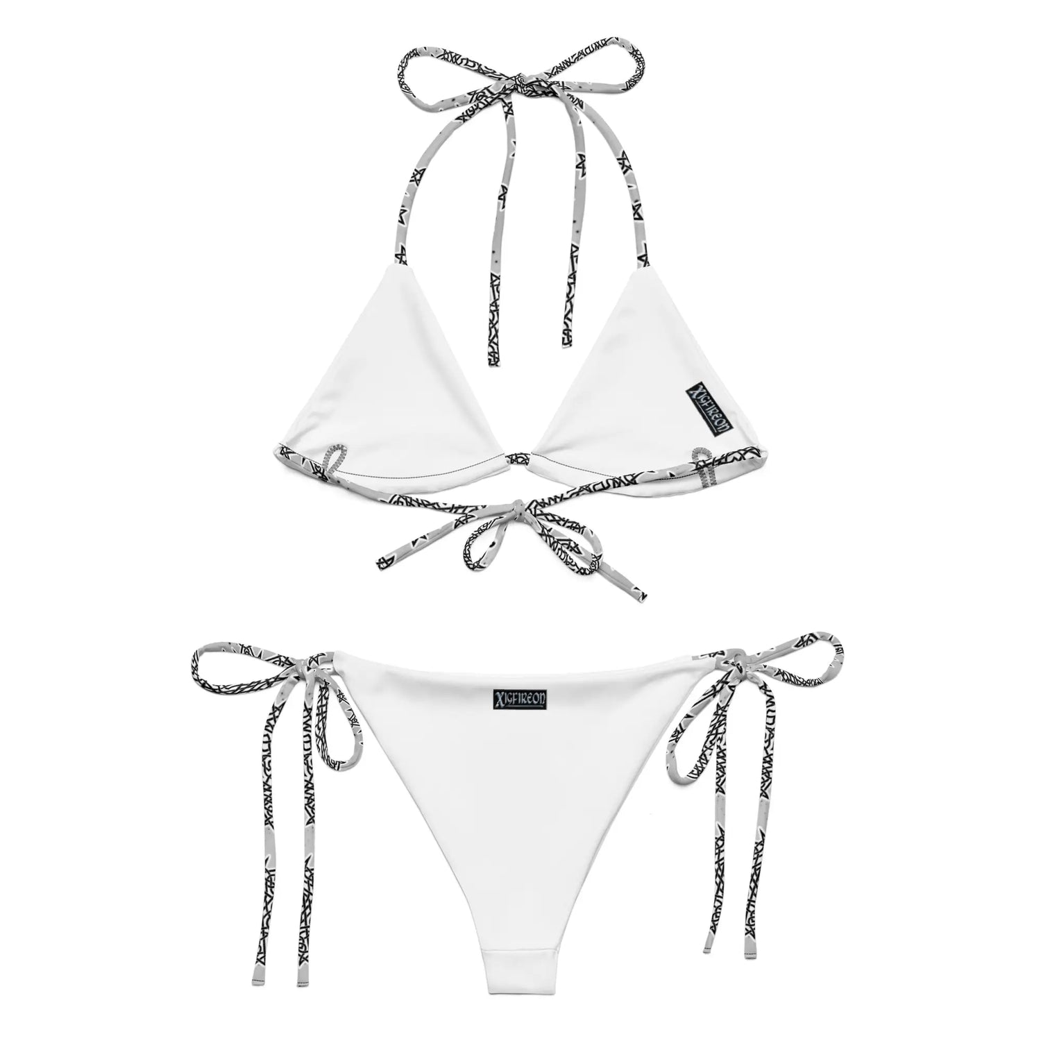 A view of the inside of a string bikini featuring the Inverted Black & White Solid Cosmos iteration of the Morning Star Fire Celtic knot pattern.