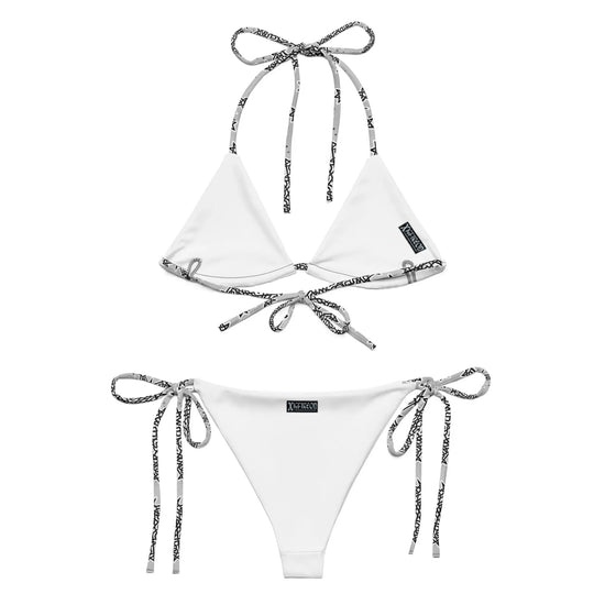 A view of the inside of a string bikini featuring the Inverted Black & White Solid Cosmos iteration of the Morning Star Fire Celtic knot pattern.