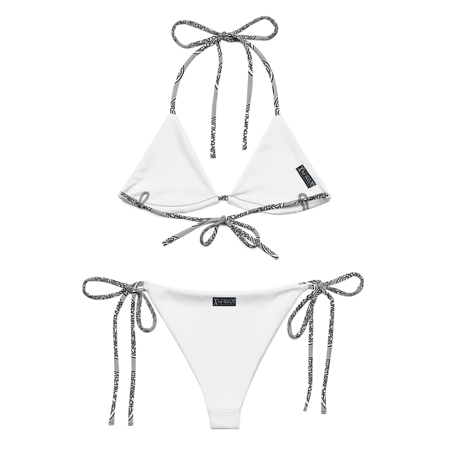 A view of the inside of a string bikini featuring the Inverted Black & White Solid iteration of the Reach Of The Spirit Celtic knot pattern.