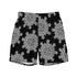 The front side of a pair of Xigfireon graphic swim trunks featuring the Black & White Solid Black patterned series of the Morning Star Fire Celtic knot design.