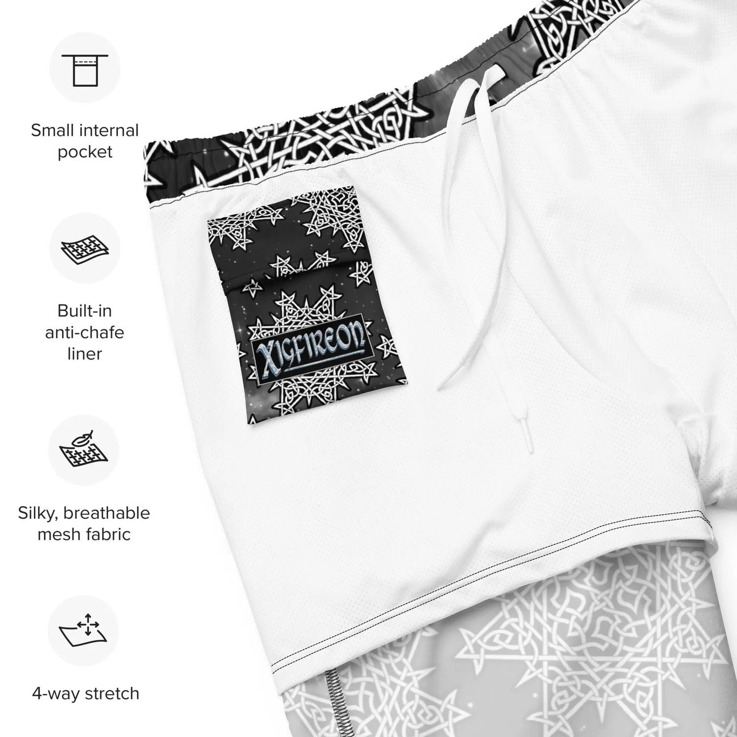 A list of product features beside a photo of the inside of a pair of Xigfireon graphic swim trunks featuring the Black & White Solid Cosmos patterned series of the Morning Star Fire Celtic knot design. Features include small internal pocket, built-in anti-chafe liner, silky, breathable mesh fabric, and 4-way stretch. The Xigfireon logo is visible on the inside pocket.